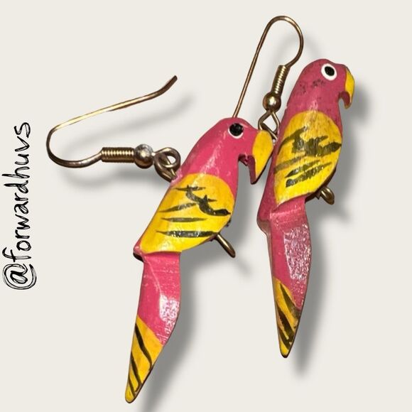 Bohemian Style Hand-Painted Wooden Parrot Earrings – 2” Dangle - Picture 1 of 8
